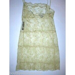 NWT $200 New Designer Josie Natori Night Gown Chemise Lace Gold Sheer Sexy S